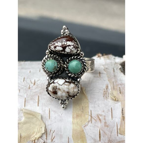 STERLING Silver NATIVE Style SW Wild Horse TURQUOISE Cluster Ring Adj 925 - Picture 1 of 9